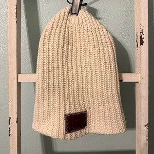 Love Your Melon Slouch Cream Knit Beanie with Leather Patch Women